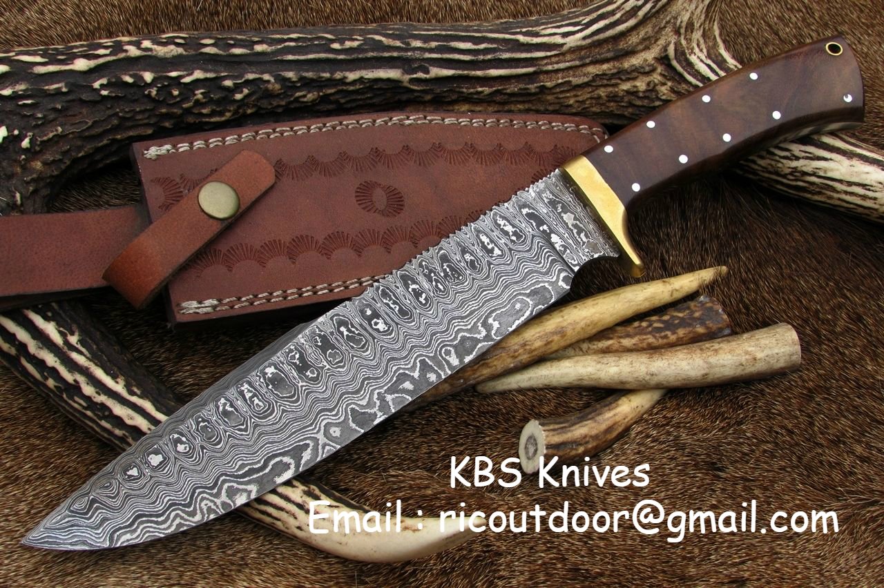KBS Knives Full Tang Hunter Bowie Knife with Custom Handcrafted Damascus Steel Blade & Rosewood Handle - 17 Inches