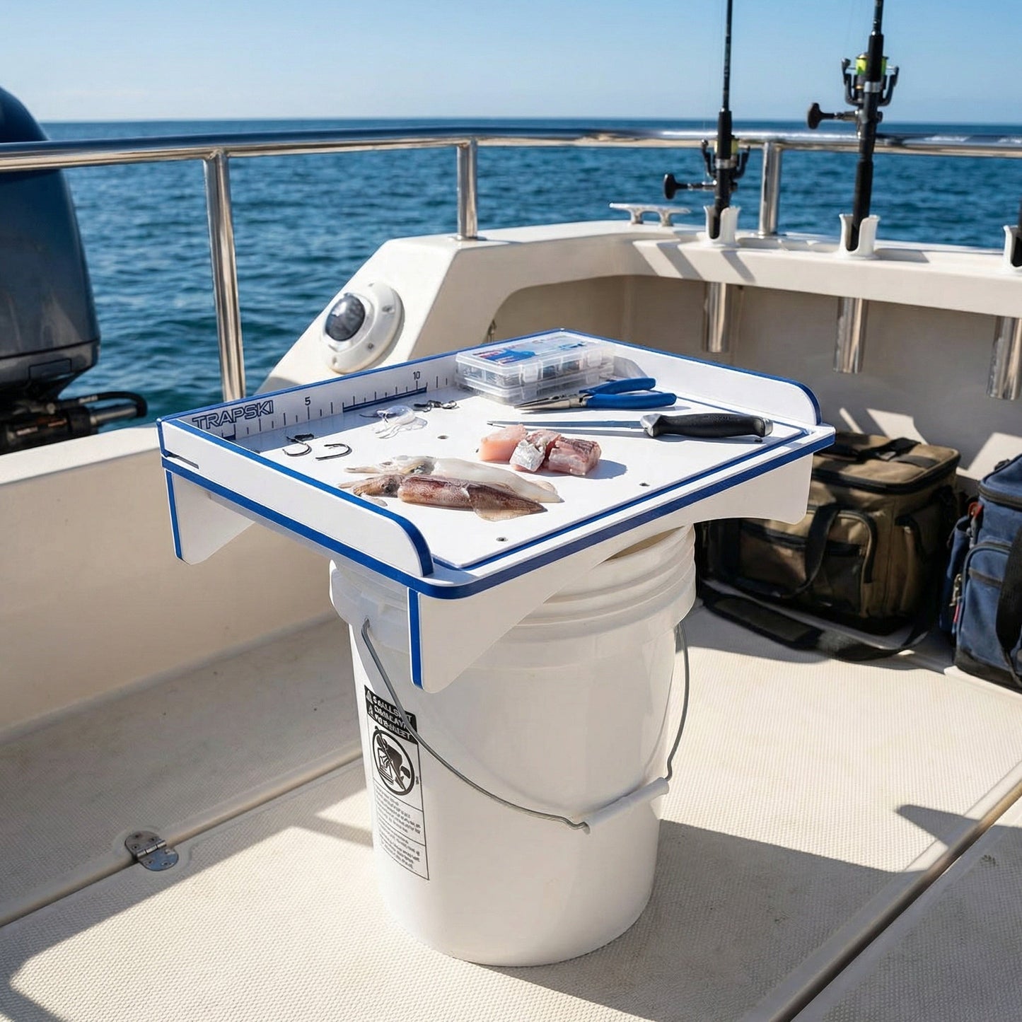 TRAPSKI Premium Rod Mount 18" or 33" Raised Fillet Table – 3-in-1 Bait & Fish Station | Fits Rod Holders, Buckets & Flat Surfaces | Marine-Grade HDPE | Ruler, Juice Groove, Knife & Tool Slots