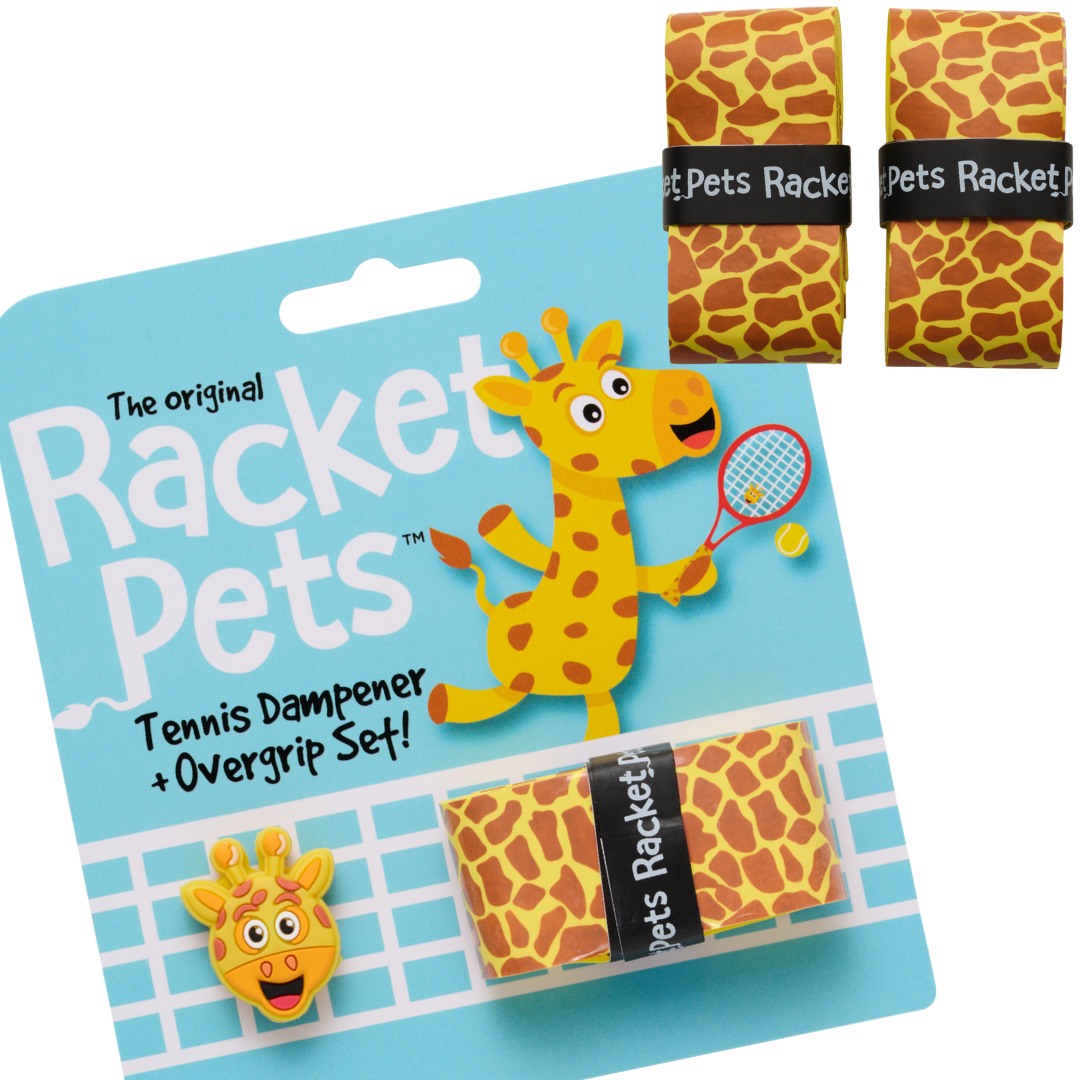 Racket Pets VALUE PACK - A Yellow Giraffe Racket Pet Tennis Dampener and Overgrip Tape with a (Pack of 2) Replacement Overgrip Tape