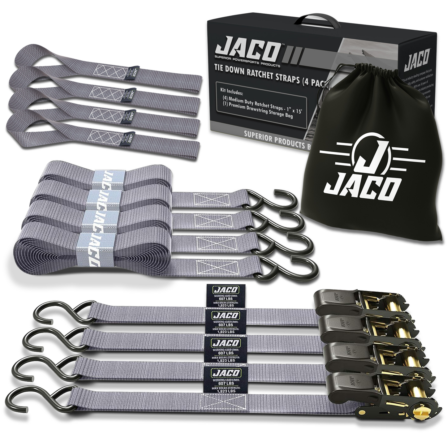Jaco Tie Down Ratchet Straps (4 Pack) - 1 in x 15 ft | AAR Certified Break Strength (1,823 lbs) | Cargo Tie Down Set