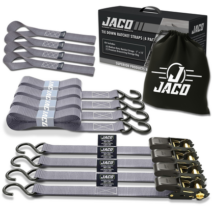 Jaco Tie Down Ratchet Straps (4 Pack) - 1 in x 15 ft | AAR Certified Break Strength (1,823 lbs) | Cargo Tie Down Set