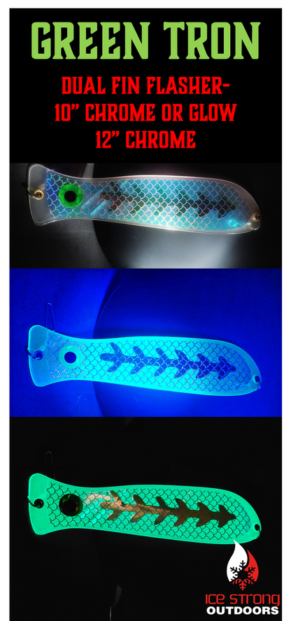Ice Strong Outdoors - 10" or 12" Chrome/Glow Fishblades - Dragon/Dragon Slayer/Blue Tron/Green Tron