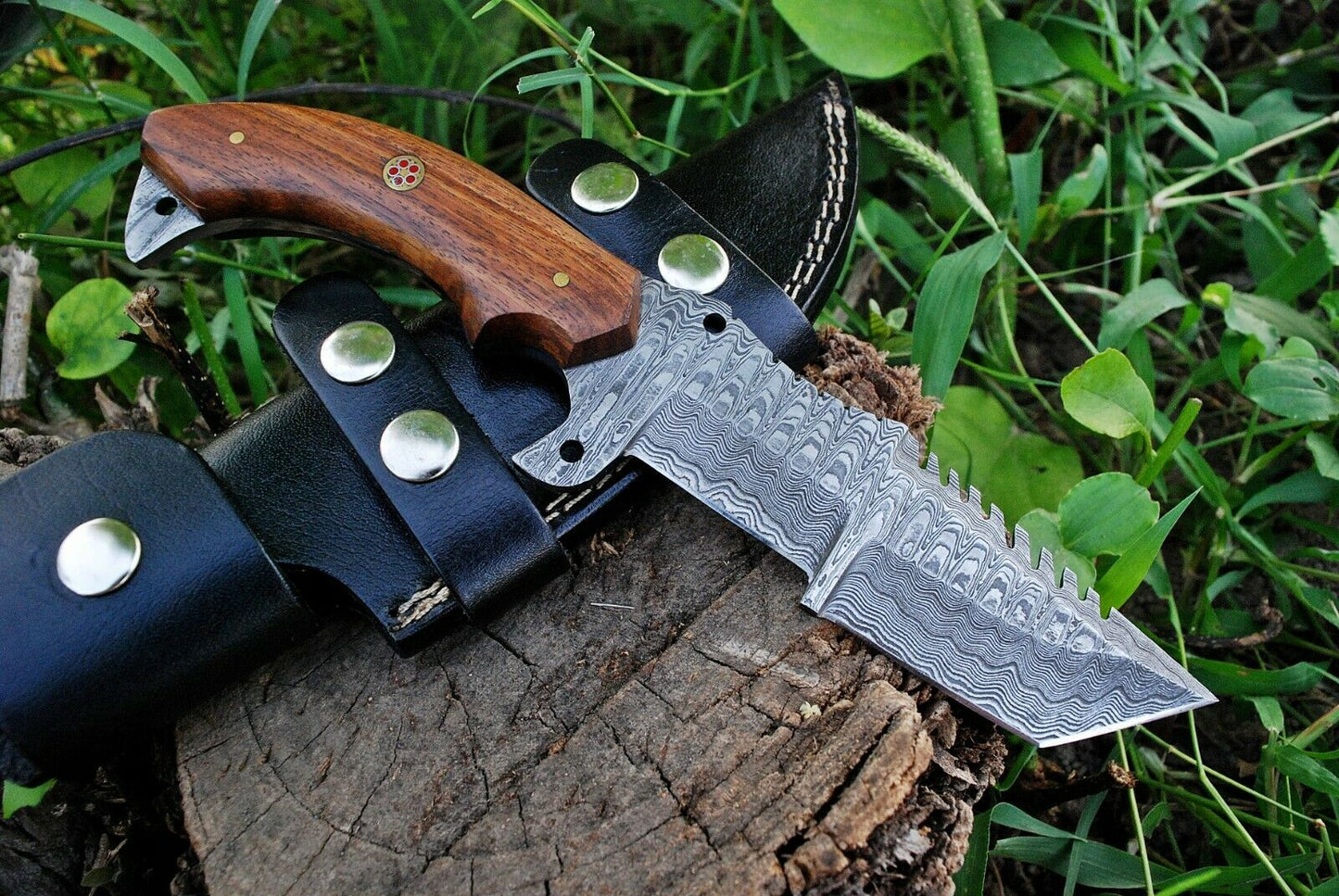 KBS Knives Custom Handmade Damascus Tanto Tracker Knife with Rosewood Handle - 10 inches Overall Length, Serrated Top Blade