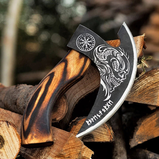 Texan Knives Custom Hand-Engraved Pizza Axe with 8-Inch J2 Steel Blade and Wooden Handle