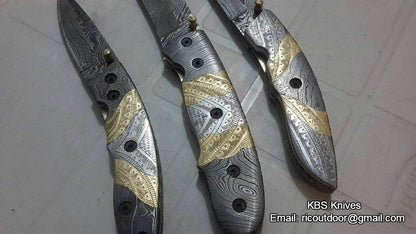KBS Knives Everyday Carry Set of 3 Hand Engraved Damascus Steel Folding Pocket Knives with Steel and Brass Handles – The TriGuard Collection