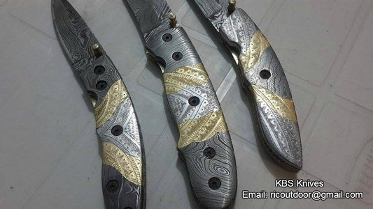 KBS Knives Everyday Carry Set of 3 Hand Engraved Damascus Steel Folding Pocket Knives with Steel and Brass Handles – The TriGuard Collection