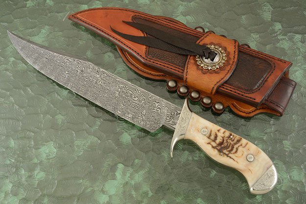 KBS Knives Hand Engraved Tennessee Bowie Knife - Custom Damascus Steel Blade, Ram Horn Handle, Hand Engraved Steel Guard and Bolster, 15" Overall Length | Leather Sheath | KBS Knives
