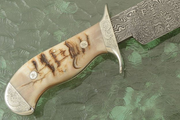 KBS Knives Hand Engraved Tennessee Bowie Knife - Custom Damascus Steel Blade, Ram Horn Handle, Hand Engraved Steel Guard and Bolster, 15" Overall Length | Leather Sheath | KBS Knives