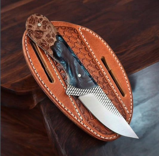 Texan Knives Handcrafted Cowboy Fixed Blade Knife – 9" Outdoor Rasp Steel Blade with Resin & Wood Handle + Leather Sheath