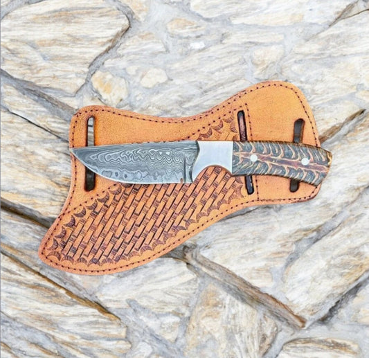 Texan Knives Authentic Handcrafted Cowboy Knife – 8" Damascus Steel Blade with Leather Sheath