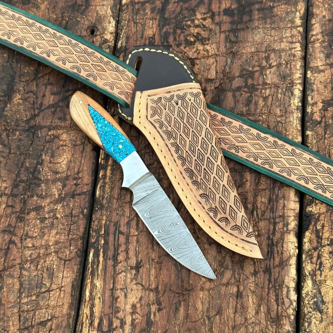 Texan Knives Handcrafted Back of Belt Knife – Damascus Steel Blade with Resin & Olive Wood Handle