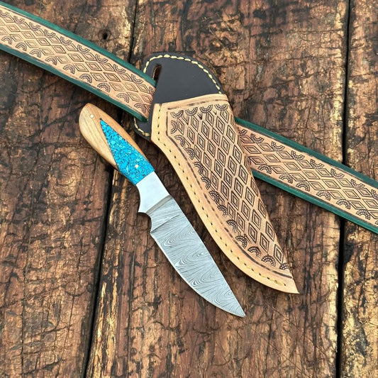 Texan Knives Handcrafted Back of Belt Knife – Damascus Steel Blade with Resin & Olive Wood Handle