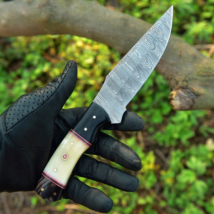 Texan Knives Custom Handmade Skinning Knife Set - 4.5" Damascus Blade, Camel Bone & Resin Handle