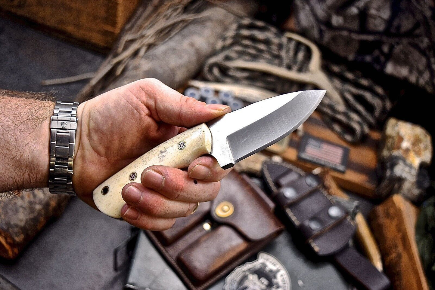 Texan Knives Custom Handmade J2 Steel Skinning Knife – 4.5" Blade, Engraved Camel Bone Handle