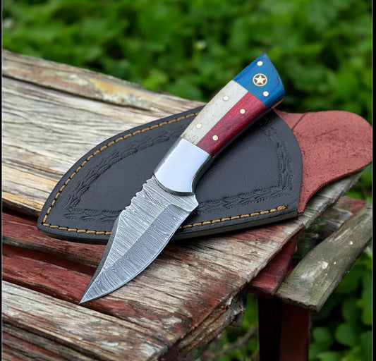 Texan Knives Custom Handmade Texas Flag Damascus Steel Hunting Knife with Exotic Wood-Bone Handle