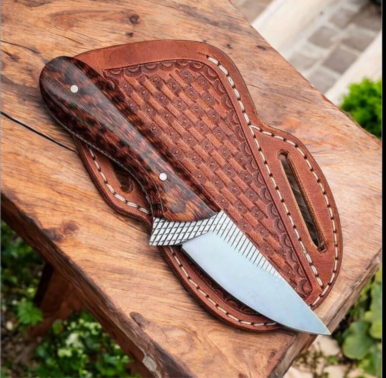 Texan Knives Handcrafted Western Knife with Snake Wood Handle & Leather Case – 9" Outdoor Blade