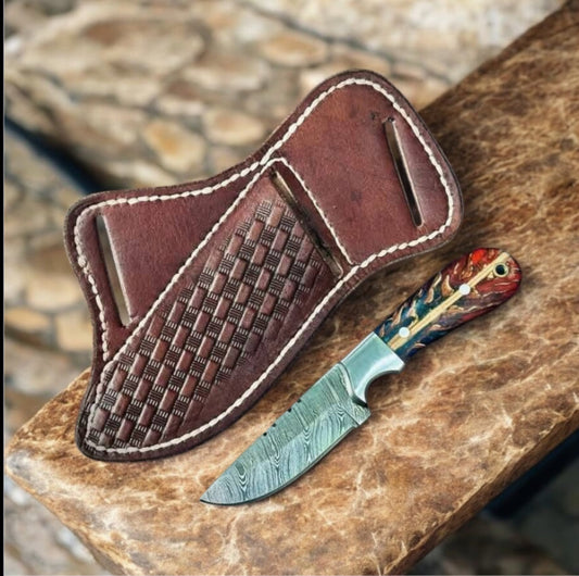 Texan Knives Western Handcrafted Fixed Blade Knife – Damascus Steel with Leather Sheath