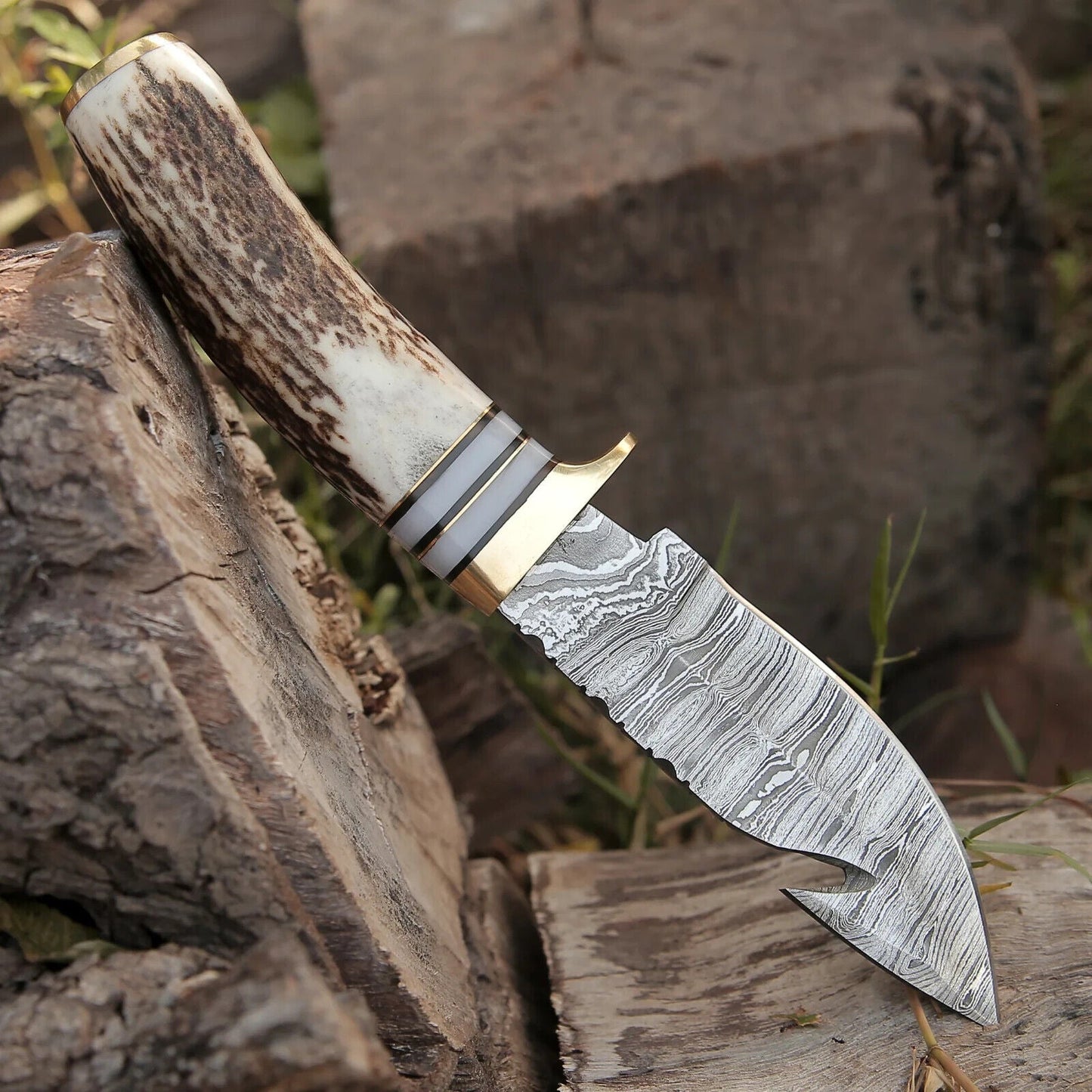 Texan Knives Custom Handmade Damascus Steel Guthook Skinning Knife – 9" Stag Horn & Brass Guard with Leather Sheath