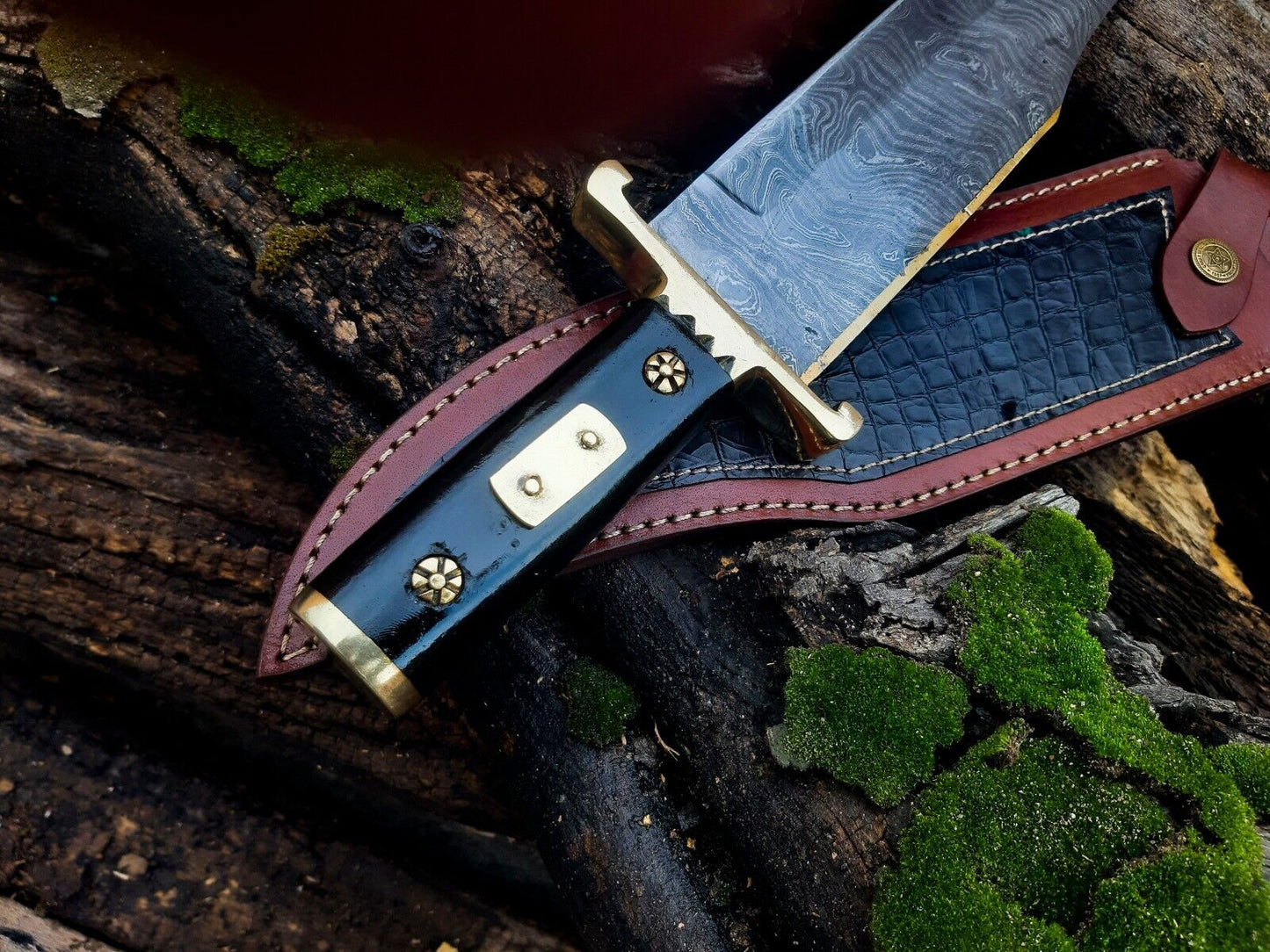 Texan Knives 13-Inch Damascus Steel Cowboy Bowie Knife with Buffalo Horn Handle & Leather Sheath – Perfect Gift for Knife Enthusiasts