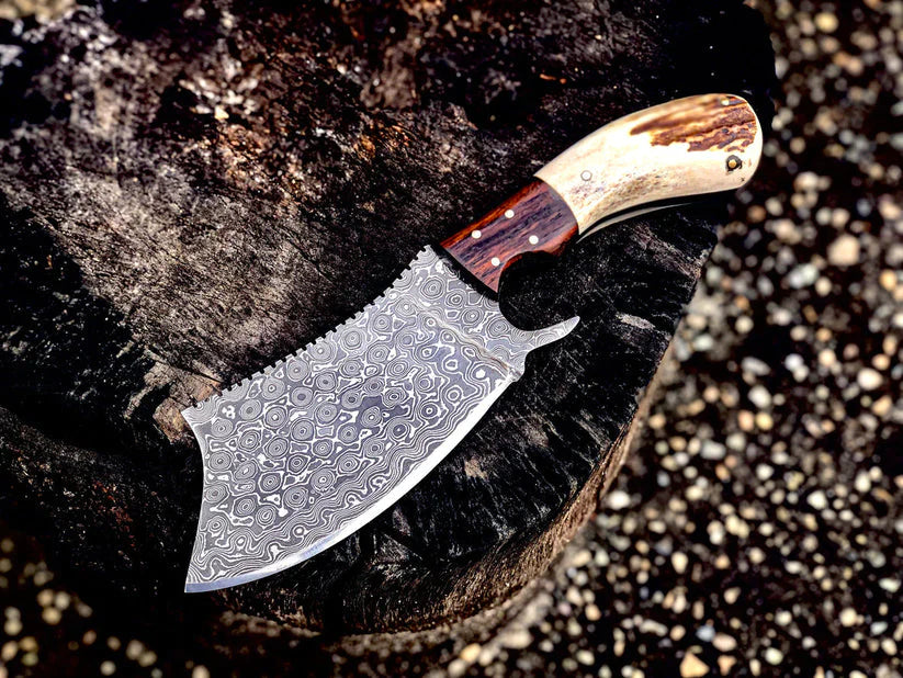 Texan Knives Handmade Damascus Steel Cleaver Knife with Antler Horn Handle & Rosewood Bolster - Includes Leather Sheath
