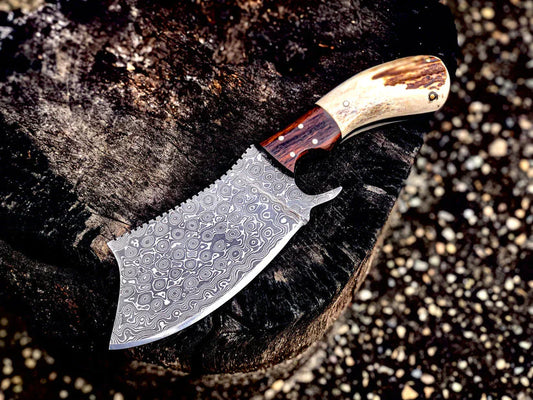 Texan Knives Handmade Damascus Steel Cleaver Knife with Antler Horn Handle & Rosewood Bolster - Includes Leather Sheath
