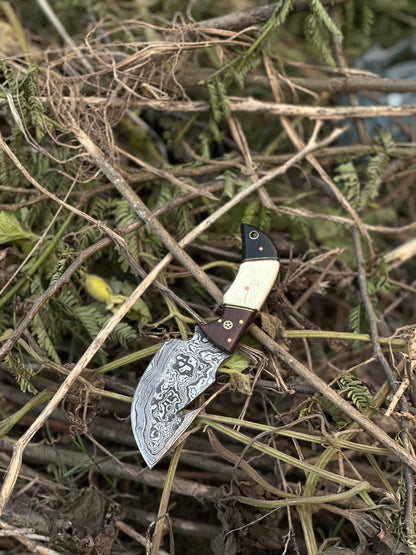 Texan Knives Custom Handmade Damascus Steel Guthook Skinning Knife with Rosewood, Camel Bone & Black Sheet Handle - 7.5” with Leather Sheath