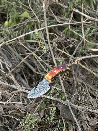 Texan Knives Custom Handmade Damascus Steel Guthook Skinning Knife with Camel Bone Handle - 7.5” Blade with Leather Sheath