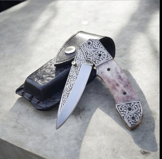 Texan Knives Custom Handmade Engraved Pocket Knife – D2 Steel Blade & Steel Handle