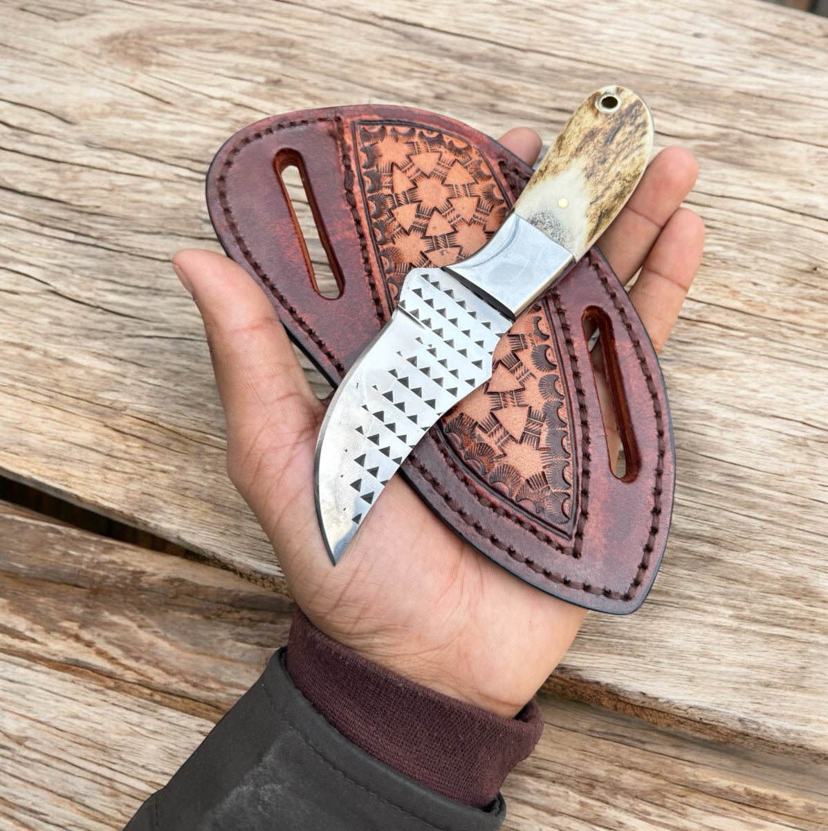 Texan Knives Handmade Ranch Cowboy Knife with Stag Horn Handle | Winter-Ready Leather Sheath