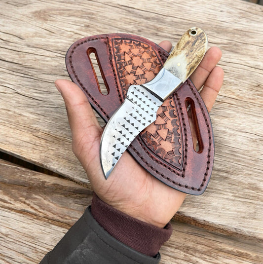 Texan Knives Handmade Ranch Cowboy Knife with Stag Horn Handle | Winter-Ready Leather Sheath