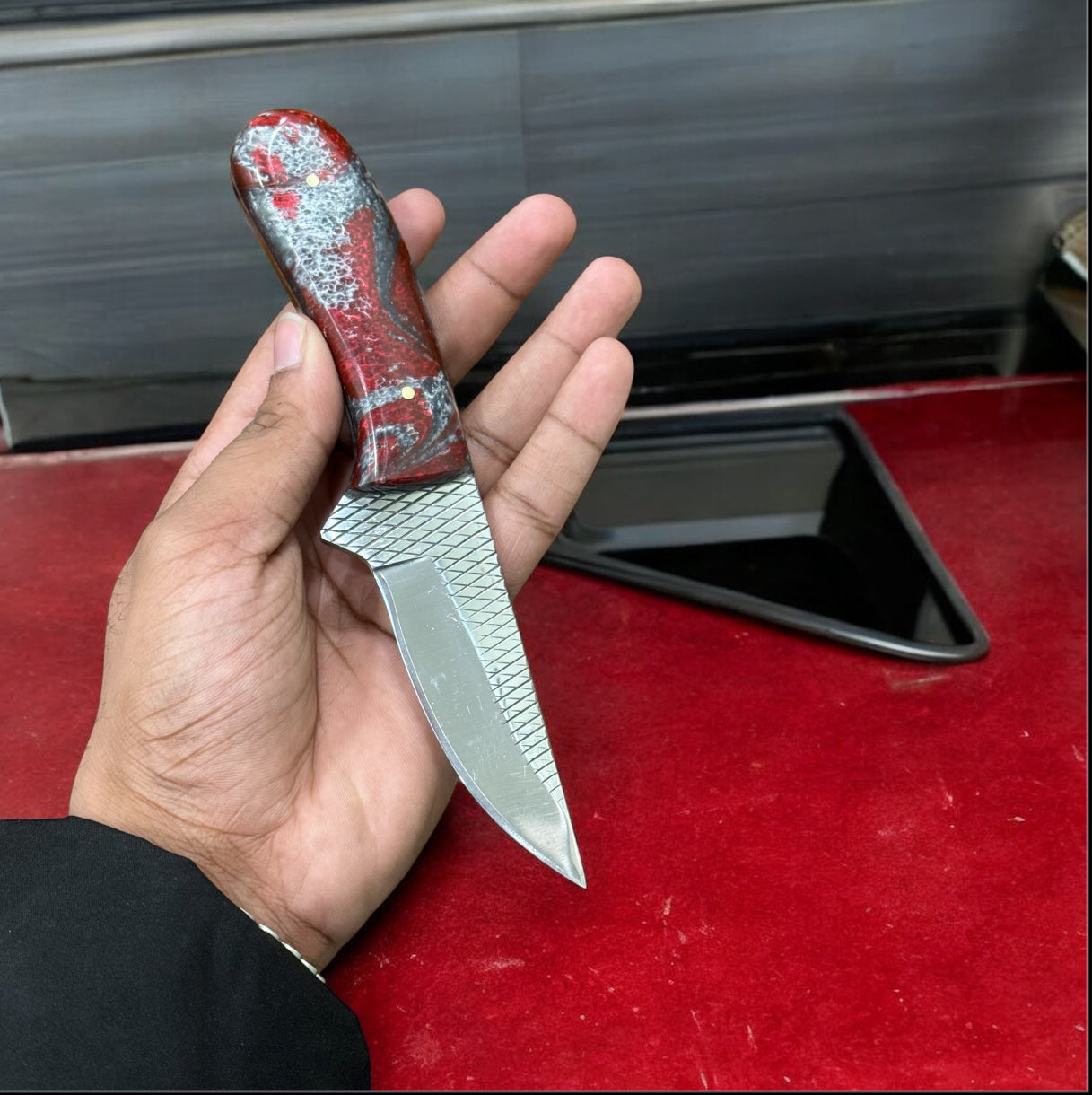 Texan Knives Handmade Ranch Cowboy Knife – Rasp Steel Blade with Resin Handle & Leather Sheath