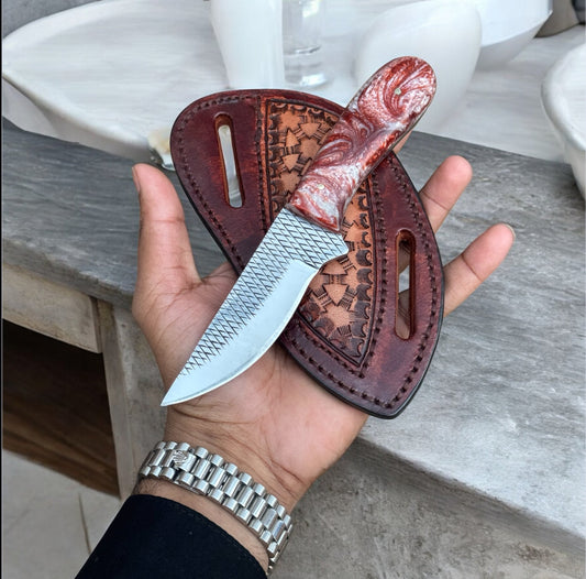 Texan Knives Premium Handmade Western Knife & Sheath – Damascus Blade, Resin & Rosewood Handle