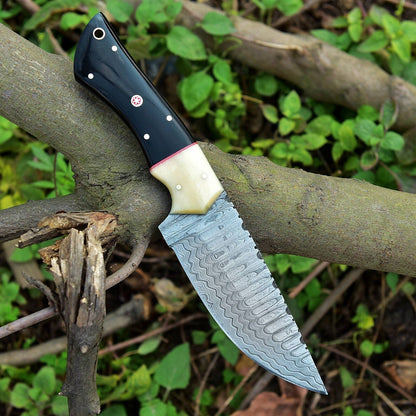 Texan Knives Custom Handmade Skinning Knife - Damascus Steel Blade, Buffalo Horn & Camel Bone Handle