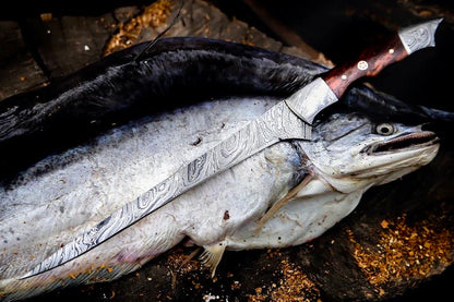 Texan Knives Handmade Damascus Steel Fish Fillet Knife – 13” with Rosewood Handle & Leather Sheath