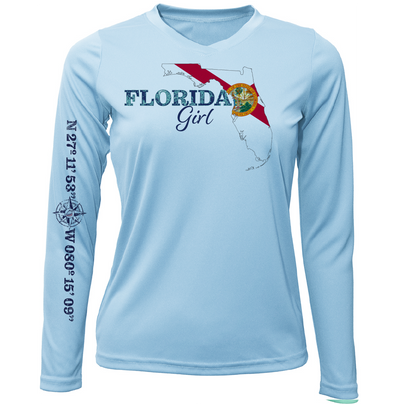 Saltwater Born Lat/Long Stuart Florida Girl Long Sleeve UPF 50+ Dry-Fit Shirt