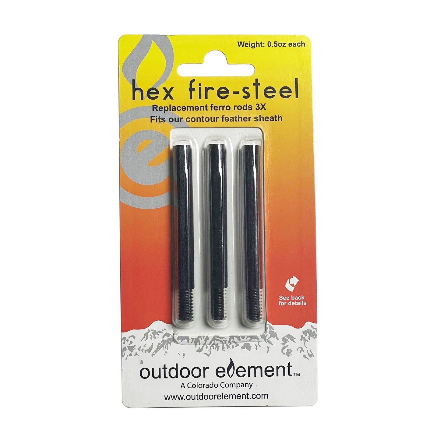 Outdoor Element Hex Fire-Steel Replacement 3pk Ferro Rods for Contour Feather Knife