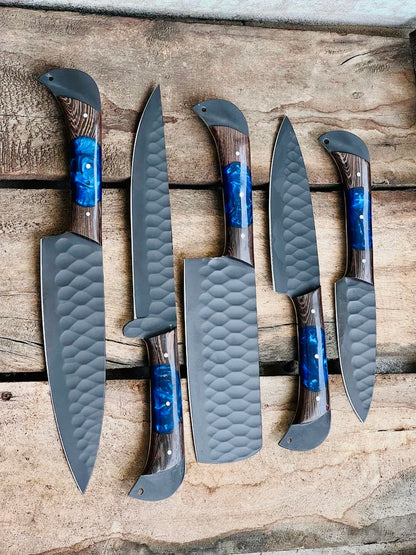 Texan Knives Knife Set for Sale – 13" Forged Damascus Steel Blade with Wenge Wood Resin Handle & Leather Sheath