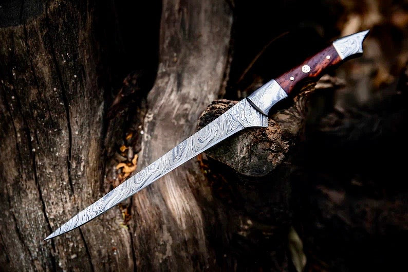 Texan Knives Handmade Damascus Steel Fish Fillet Knife – 13” with Rosewood Handle & Leather Sheath