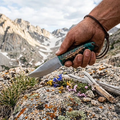 Frontier Cowboy Gear Rasp Steel Western Utility Knife – Green Pine Cone Resin Handle & Leather Sheath | 8"