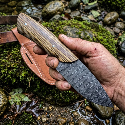 Frontier Cowboy Gear 8.25" Custom Handmade Damascus Steel Cowboy Hash Knife with Olivewood Handle & Leather Sheath
