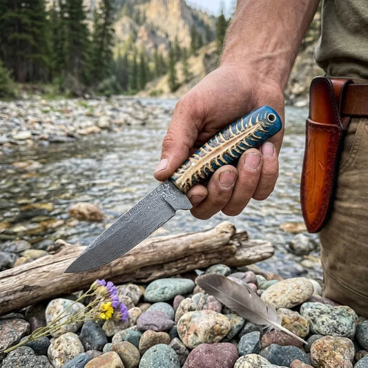 Frontier Cowboy Gear Western Belt Knife – Damascus Steel Blade & Blue Pine Cone Resin Handle | 8"