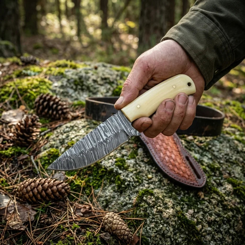 Frontier Cowboy Gear Western Knife – Fire Damascus Steel Blade & Bone Handle with Leather Sheath | 8"