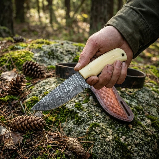 Frontier Cowboy Gear Western Knife – Fire Damascus Steel Blade & Bone Handle with Leather Sheath | 8"