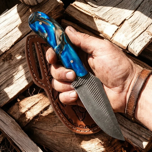 Frontier Cowboy Gear The Doc Holliday – Custom Handmade Old Rasp Steel Knife with Epoxy Resin Handle & Leather Sheath