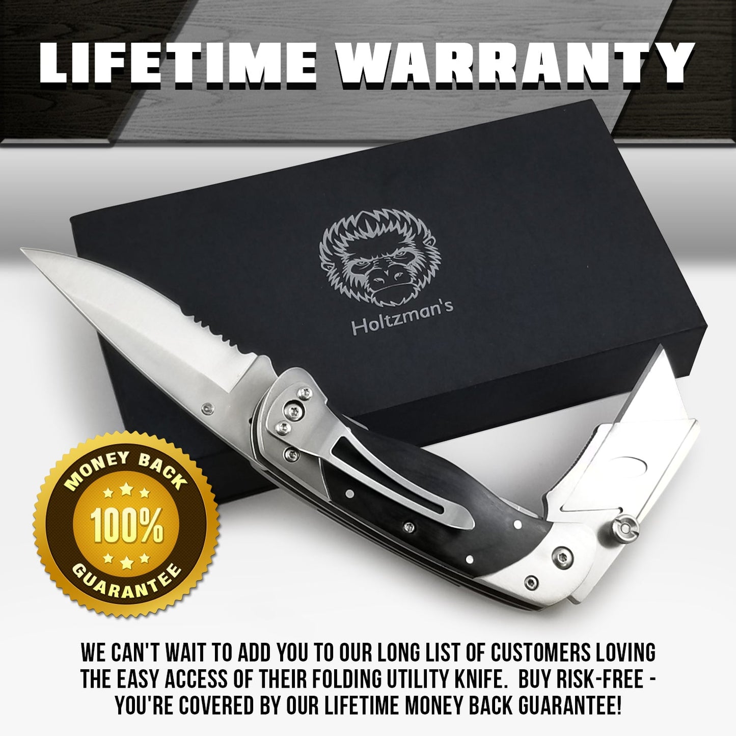 Holtzman's Gorilla Survival Premium Utility Knife, Folding Pocket Knife Combo, Box Cutter, Heavy Duty Dual Blades W/Belt Clip Gift Set for Dad Carpenter or Construction Worker