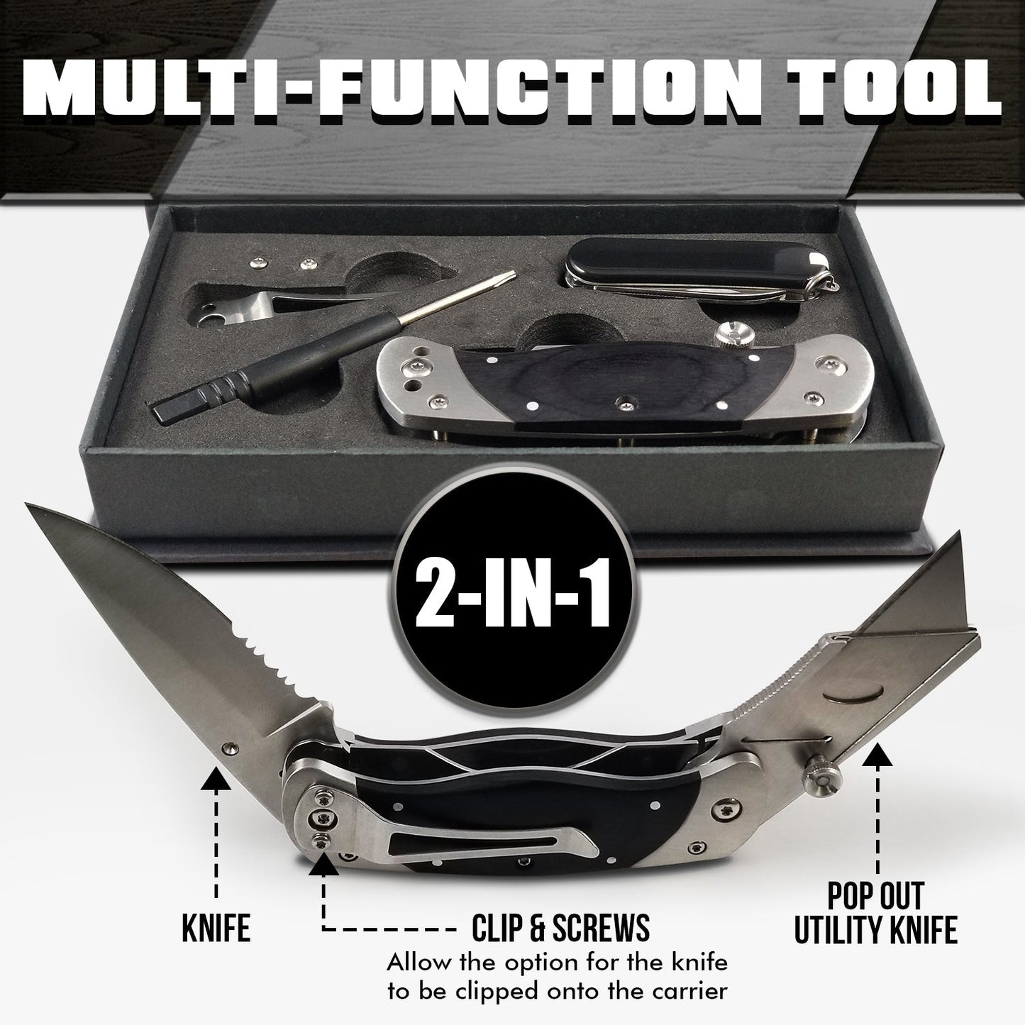 Holtzman's Gorilla Survival Premium Utility Knife, Folding Pocket Knife Combo, Box Cutter, Heavy Duty Dual Blades W/Belt Clip Gift Set for Dad Carpenter or Construction Worker