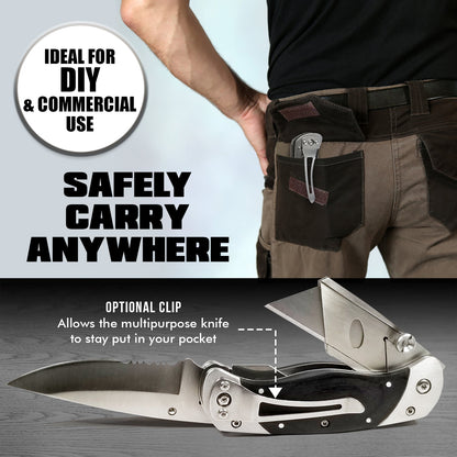 Holtzman's Gorilla Survival Premium Utility Knife, Folding Pocket Knife Combo, Box Cutter, Heavy Duty Dual Blades W/Belt Clip Gift Set for Dad Carpenter or Construction Worker