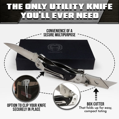 Holtzman's Gorilla Survival Premium Utility Knife, Folding Pocket Knife Combo, Box Cutter, Heavy Duty Dual Blades W/Belt Clip Gift Set for Dad Carpenter or Construction Worker