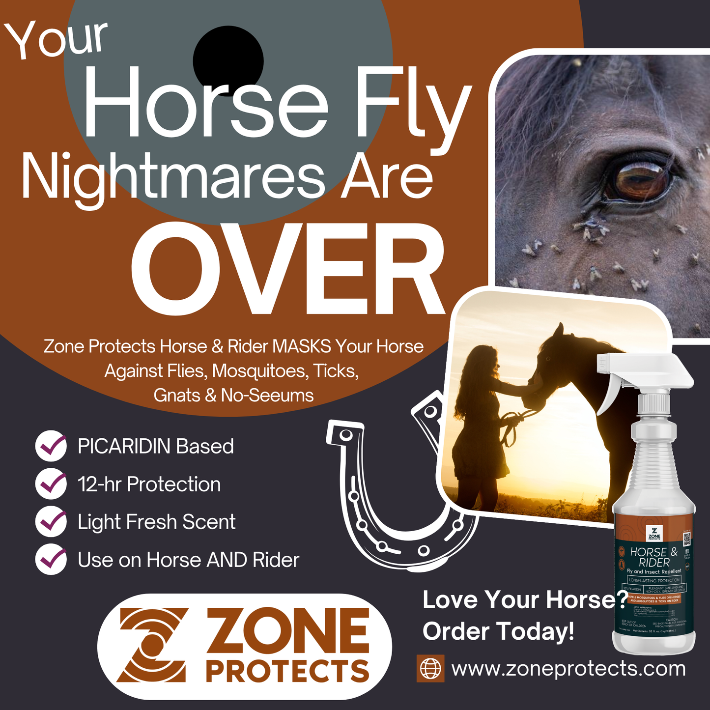 Zone Protects Horse & Rider Fly & Insect Repellent Spray-Refill, 32oz Bundle