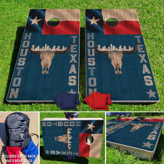 Houston Texas Skull & Flag Skyline Baggo Pro Style Regulation Game